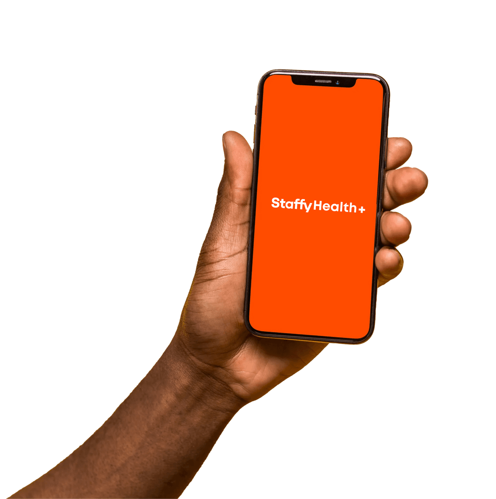 Hand holding phone with Staffy app open